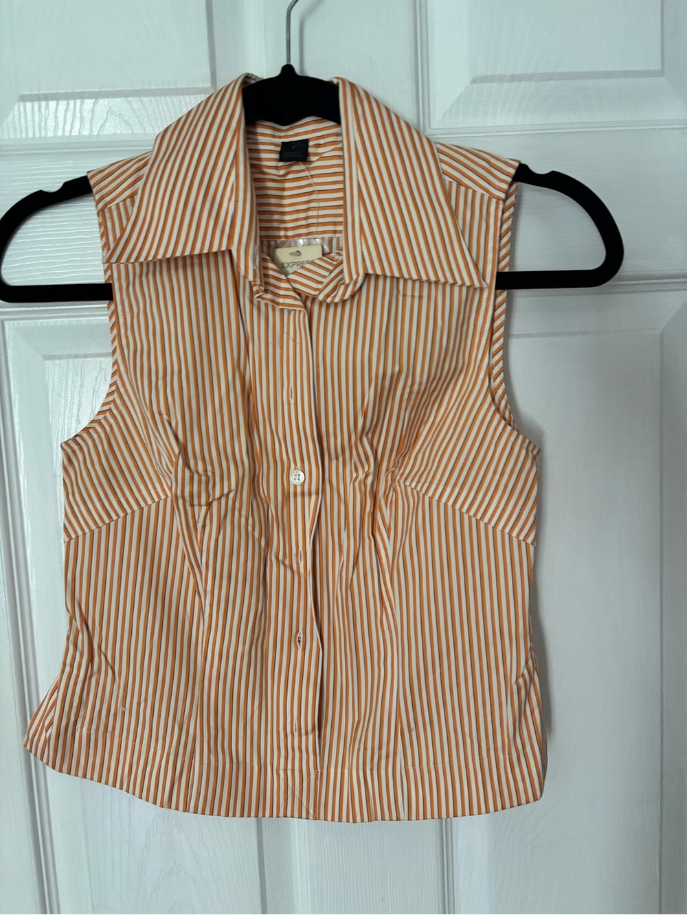 Express Sleeveless Button-Down Shirt in Orange and White Stripe